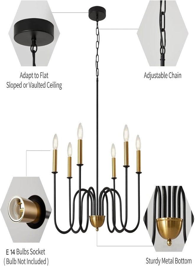 WOKE Modern Adjustable Height Chandelier Light Fixture, Black Gold, 6 Candle Style Lights, Suitable for Bedroom, Living Room, Dining Room or Hallway (Bulb not Included) - Image 5